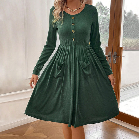 Waist collection round neck A-line skirt button pocket knitted long sleeved dress - Fashionner