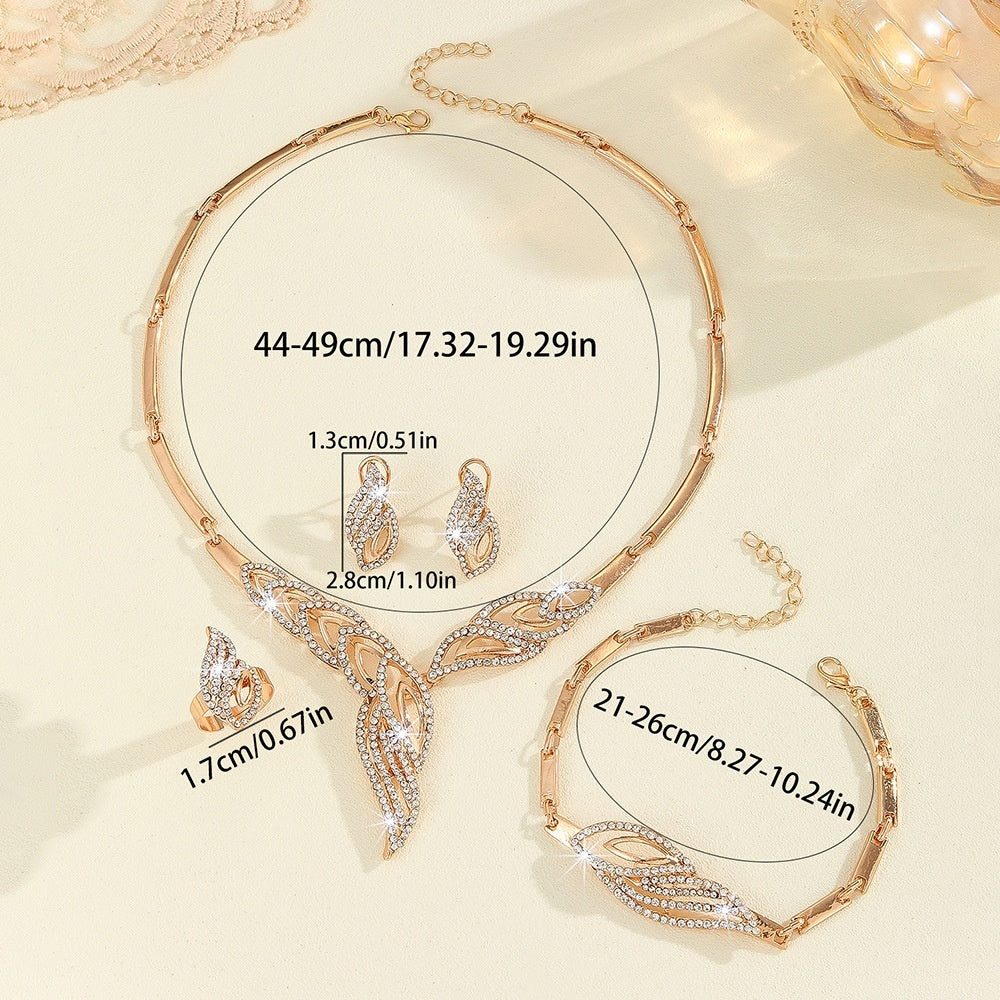 Buy Gold Leaf Diamond-Encrusted Necklace Earrings Ring Bracelet Set online at Fashionner.