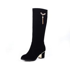 Large And Small Size Women's Suede Boots Metal Rhinestone Pendant Thick High Heel Side Zipper - Fashionner