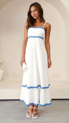 New Suspender Long Dress Summer Fashion Solid Color Wave Pattern Printed Beach Dresses For Womens Clothing - Fashionner