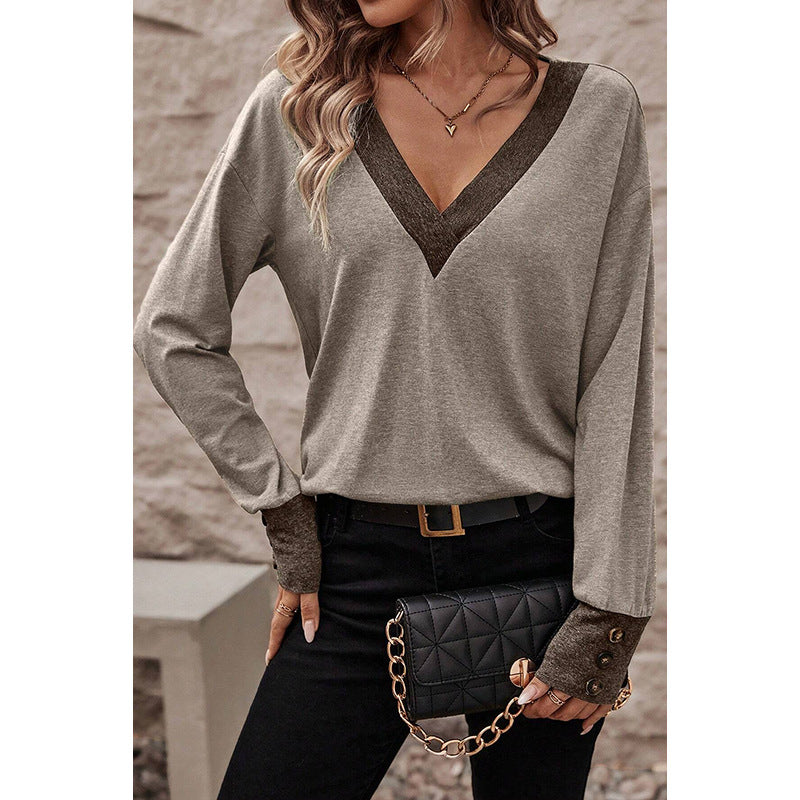 Women's Fashion Casual Loose-fitting V-neck Long Sleeves T-shirt - Fashionner