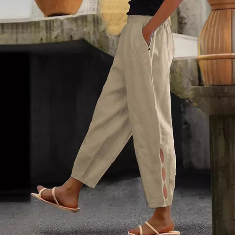 Hollow-Out Ankle Detail Trousers - Button-Adorned Bottom Hem Pants For Women Summer Daily Wear