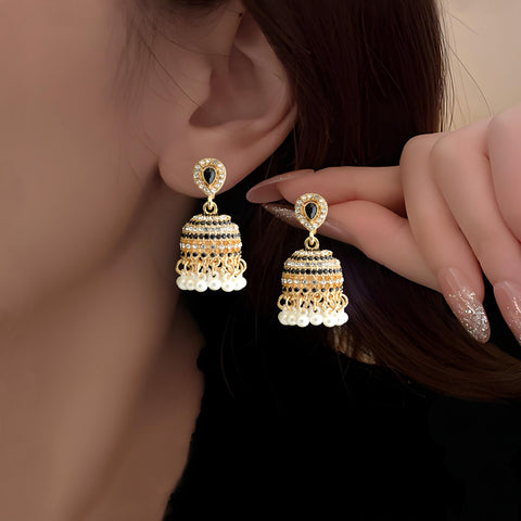 Buy Vintage Bohemian Diamond-Encrusted Pearl Bell Earrings For Women online at Fashionner.