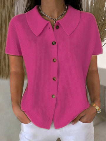 Chemise décontractée ample à manches courtes en tissu gaufré uni avec col rabattu – Haut d'été léger en mélange de coton pour femmes, idéal pour un usage quotidien