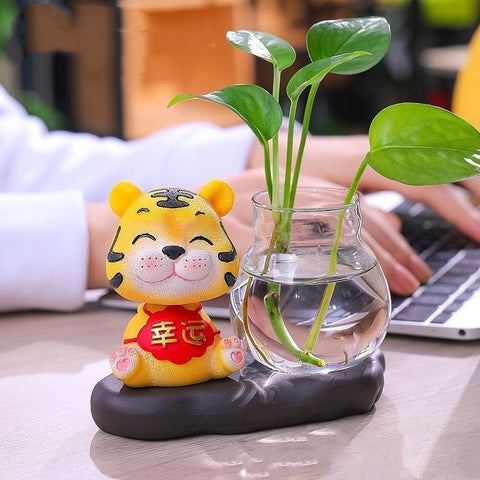 Ornement souvenir Tigre de l'Année du Tigre Vase hydroponique de bureau en verre