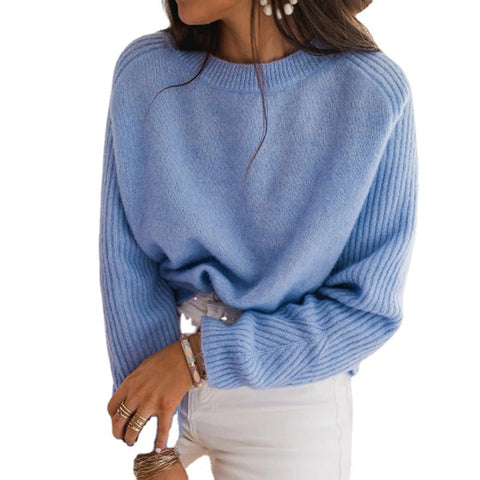Pull en maille ras du cou à manches longues en velours côtelé bleu lait européen pour femme - Vêtements décontractés tricotés à la mode - Haut tricoté - Vêtement d'extérieur