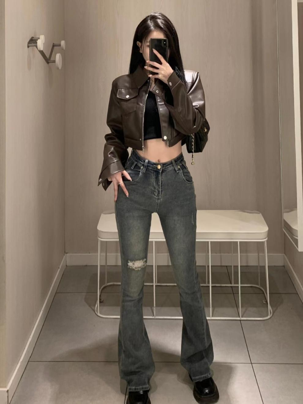 American Retro Sweet Cool Hot Girl Style Coffee Color Leather Coat Motorcycle Jacket Top - Fashionner