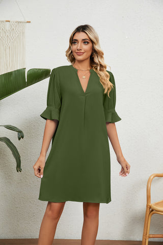 Robe Mi-Longue Plissée à Manches Mi-Longues, Col en V, Couleur Unie, Coupe Ample, Style Européen-Américain pour l'Été