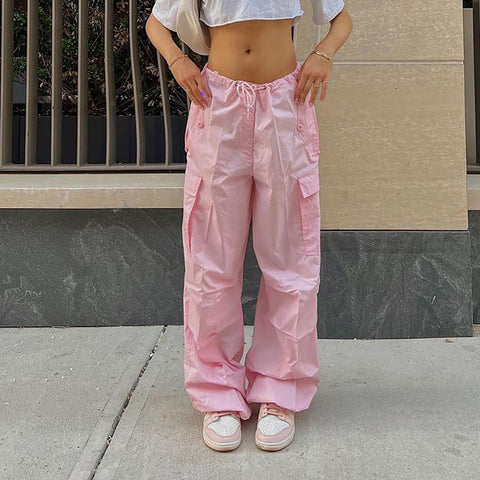 Casual Cargo Pants For Women Solid Color Drawstring Pocket Design Fashion Street Trousers Girls - Fashionner