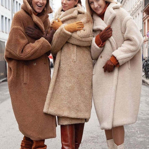 Manteau en Polaire d'Agneau à Revers avec Poches, Manteau en Fausse Fourrure Hiver Chaud Épais Long Coupe-vent Vêtements pour Femmes