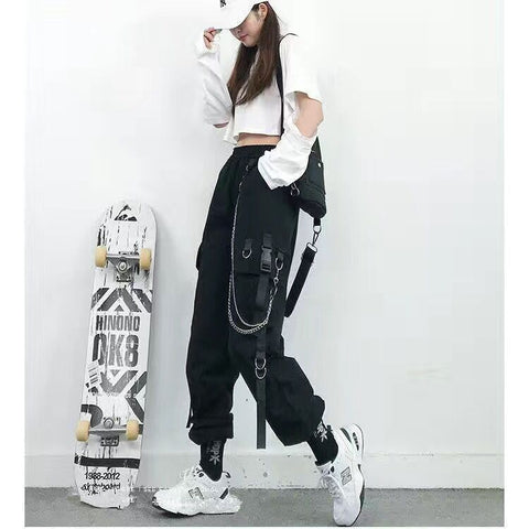 Pantalon cargo femme, pantalon sarouel, mode punk, poches, jogger