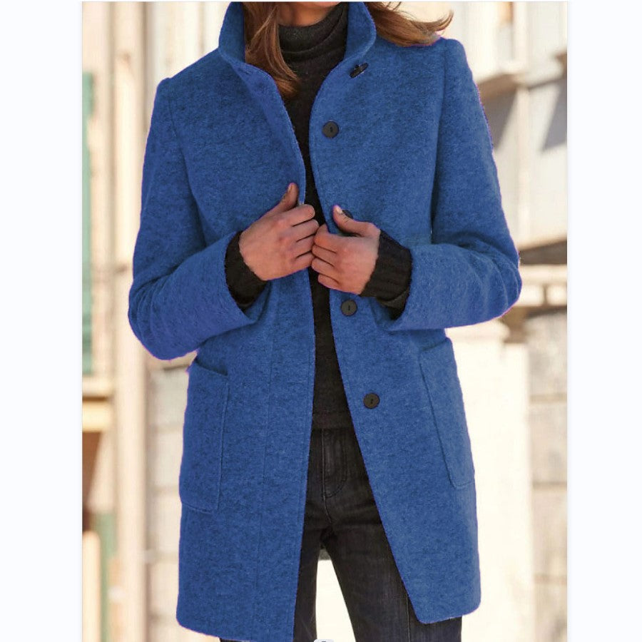 Buy Fashion Stand Collar Woolen Coat With Pockets Fall Winter Casual Button Outwear For Women Clothing online at Fashionner.