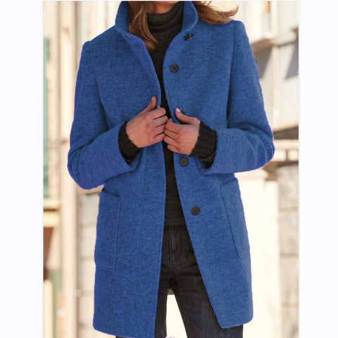 Buy Fashion Stand Collar Woolen Coat With Pockets Fall Winter Casual Button Outwear For Women Clothing online at Fashionner.