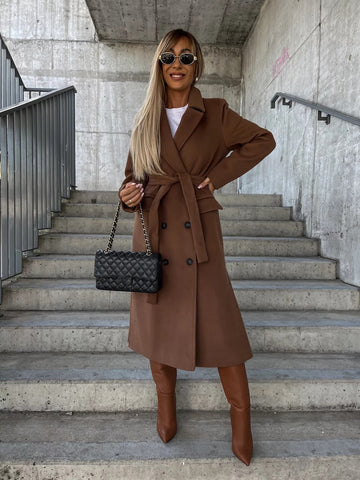 Buy Double-Breasted Lapel Split Jacket With Belt Winter Fashion Casual Long Sleeve Button Daily Coats For Women Clothing online at Fashionner.