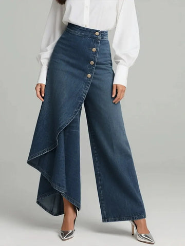 Pantalon coupe droite unique Boutons à grands volants pour femme, en faux jean