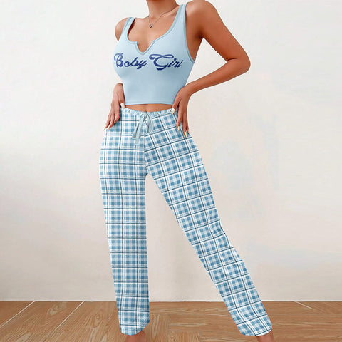 Ensemble pyjama décontracté printemps-été pour femme, gilet assorti, pantalon à carreaux, haut imprimé lettre, 2 pièces, vêtements de nuit pour femme