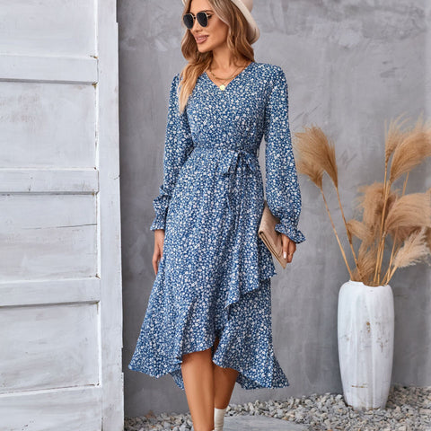 Robe à manches longues à imprimé floral, style pendulaire à volants, tempérament élégant, vêtements pour femmes