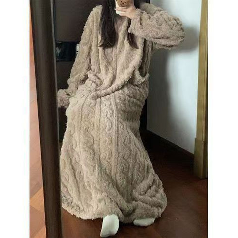 Robe de nuit longue en polaire corail pour femme, pyjama avec poches, robe jacquard épaissie, vêtements de maison chauds