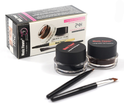 Music Flower 2 in 1 Coffee + Black Gel Eyeliner Make Up Waterproof Eye Liner Cosmetics Set Eyeliner Pens Makeup Brushes Set - Fashionner