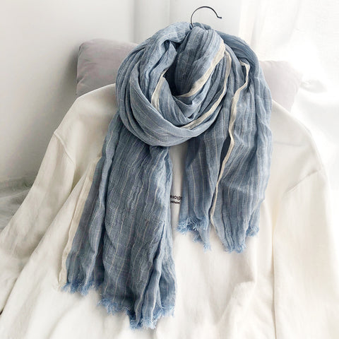 Autumn And Winter Striped Cotton And Linen Pleated Scarf Shawl - Fashionner
