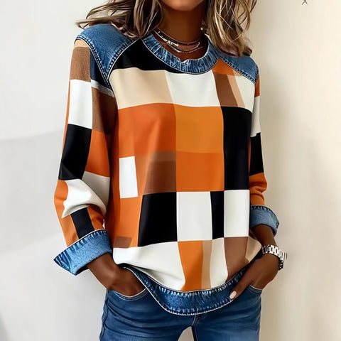 Sweat-shirt en jean patchwork, mode, col rond, pull unique, haut de chemise à manches longues, vêtements pour femmes