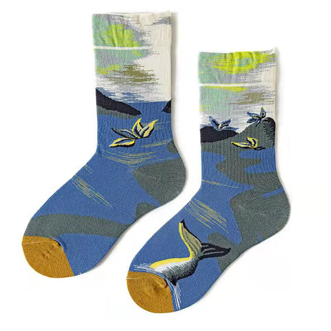 Trendy Mid-calf Length Socks Preppy Style Stockings Artistic Illustration Socks - Fashionner