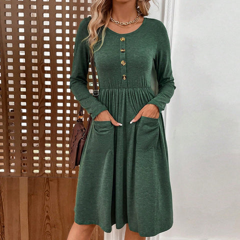 Waist collection round neck A-line skirt button pocket knitted long sleeved dress - Fashionner