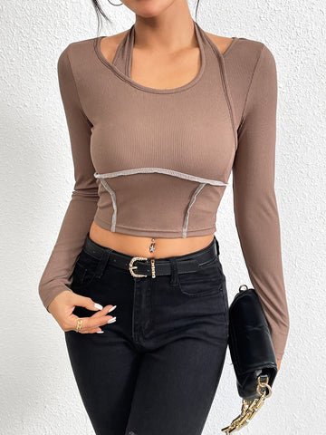 Slim fit knitted long sleeved sewing thread exposed hanging neck T-shirt fashion top - Fashionner