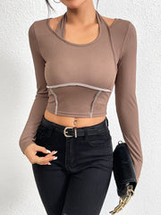 Slim fit knitted long sleeved sewing thread exposed hanging neck T-shirt fashion top - Fashionner