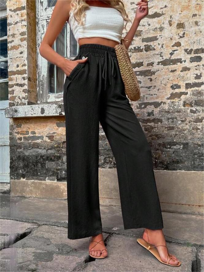 New Casual Pants With Pockets Elastic Drawstring High Waist Loose Trousers For Women - Fashionner