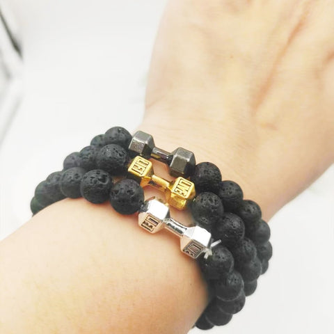 Bracelet d'haltères tendance en alliage de métal, perles de roche de lave et bijoux pour hommes