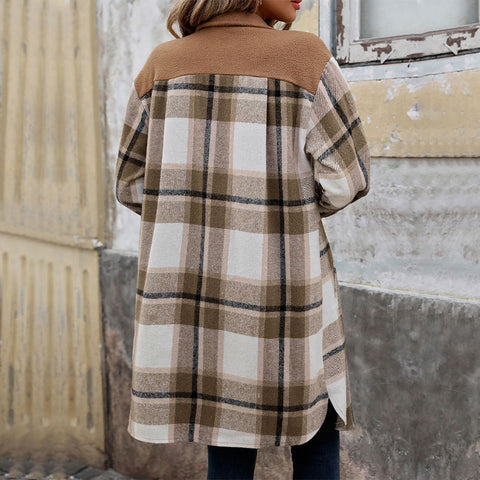Nouveau manteau long à carreaux brossé avec poches Veste d'hiver tendance Vêtements d'extérieur pour femmes