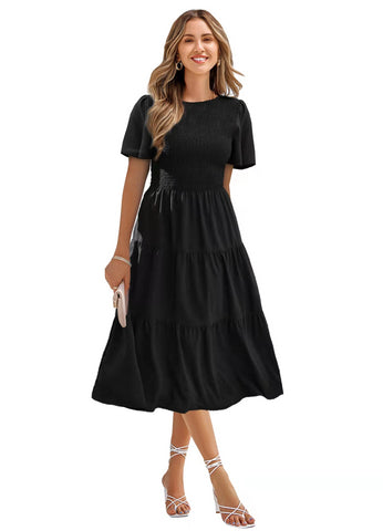Robe décontractée à col rond pour femme, manches courtes smockées, coupe trapèze, ourlet volanté, mini-robe de plage d'été.