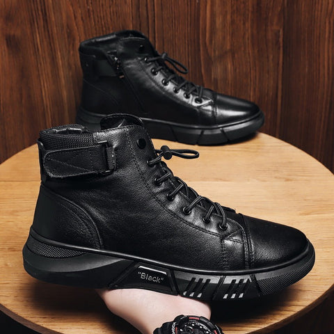 Men's shoes new autumn and winter leather plush Martin boots casual men's running high rise sports shoes - Fashionner