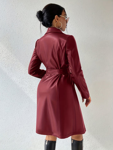 Veste en cuir PU à manches longues et revers avec poches, coupe ajustée, long trench-coat pour femmes