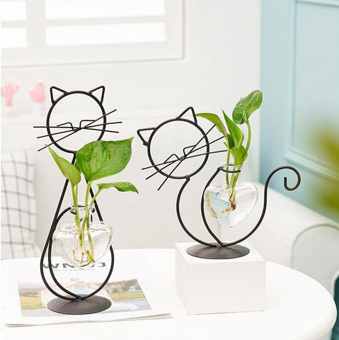 Vase Hydroponique Simple en Fer pour Fleurs avec Chat