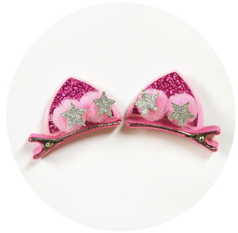 Lot de 2 jolies pinces pour filles, fleurs en tissu feutre pailleté arc-en-ciel, épingles à cheveux oreilles de chat lapin, accessoires pour cheveux pour enfants