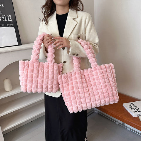 Plaid Handbags Winter Fashion High Capacity Shopping Plush Bag Korean Style Personalized Designer Luxury Tote Bags For Women - Fashionner
