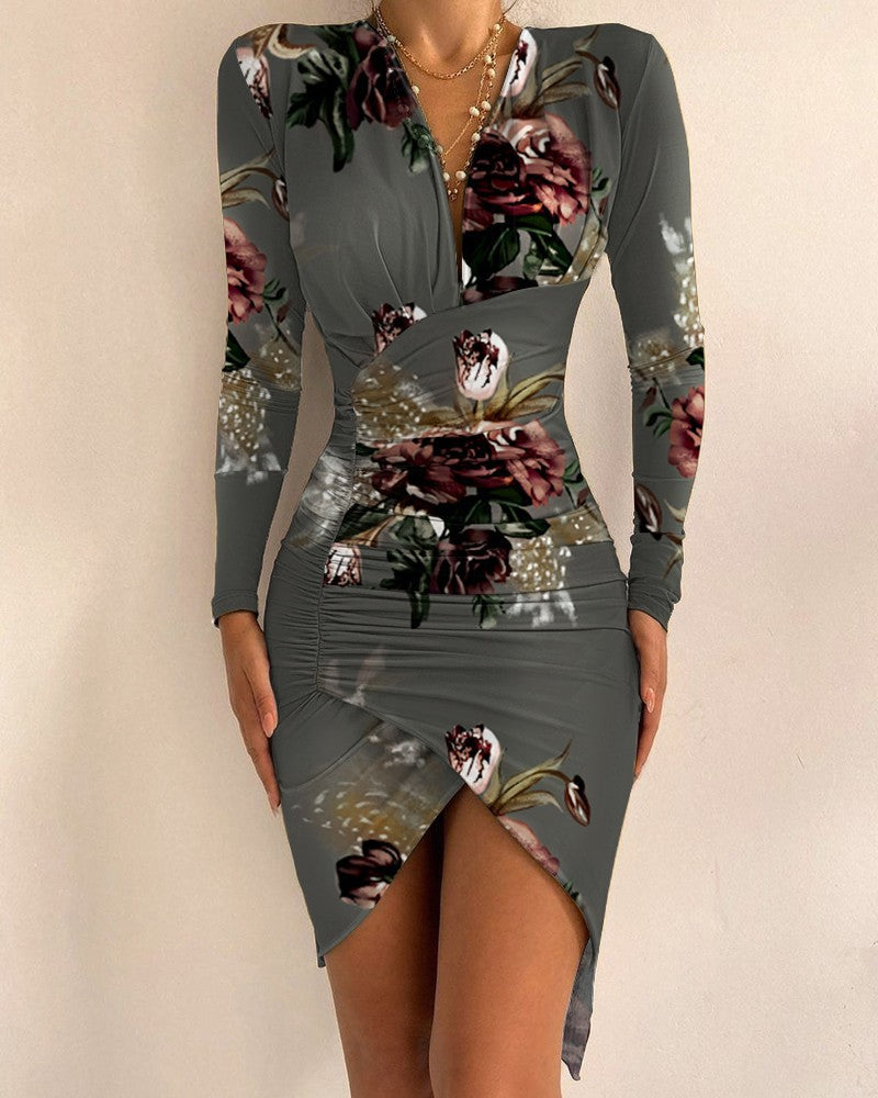 Autumn And Winter Long Sleeve V-neck Printed Tight Split Dress Women's Clothing - Fashionner