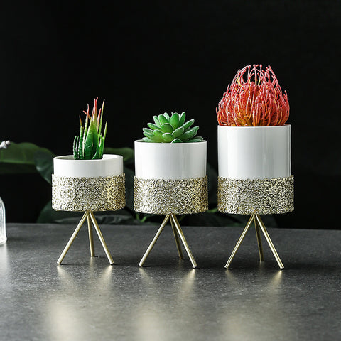 Pot hydroponique en céramique avec cadre en fer nordique simple pour plante verte