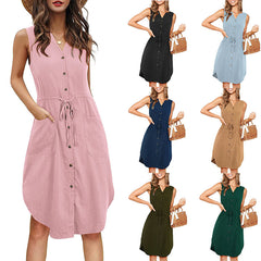 Sleeveless V-neck Buttoned Dress With Pockets Fashion Casual Waist Tie Design Summer Dress Womens Clothing - Fashionner