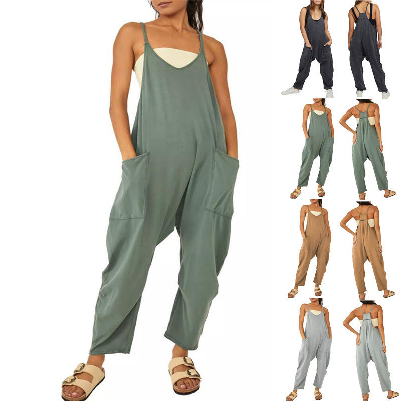 Summer Women's Loose Sleeveless Jumpsuits Spaghetti Strap Long Pant Romper Jumpsuit With Pockets Zipper - Fashionner