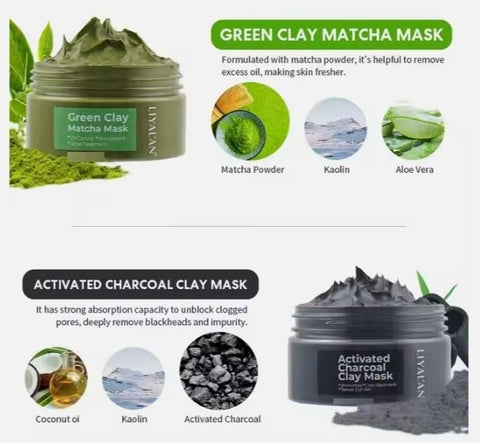 Masque visage à l'argile Rose, Curcuma, Charbon actif, Thé vert Matcha 50 g chacun Lot de 4