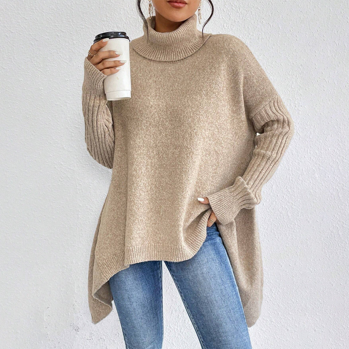 Buy Irregular Turtleneck Sweater Winter Loose Long Sleeve Knitted Tops Leisure Warm Pullover Sweater Women'S Clothing online at Fashionner.