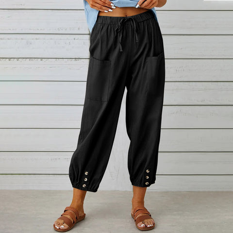 Women Drawstring Tie Pants Spring Summer Cotton And Linen Trousers With Pockets Button - Fashionner