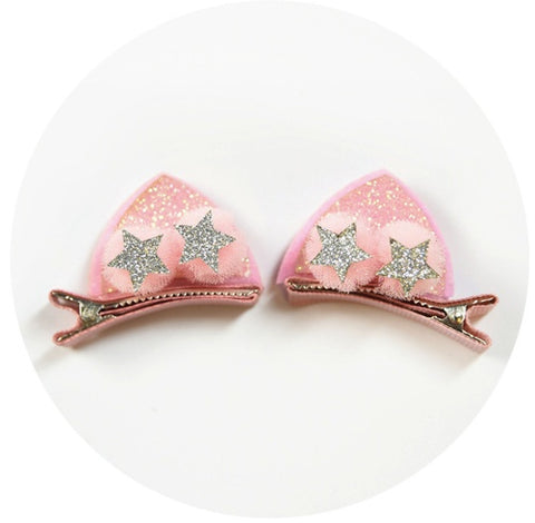 Lot de 2 jolies pinces pour filles, fleurs en tissu feutre pailleté arc-en-ciel, épingles à cheveux oreilles de chat lapin, accessoires pour cheveux pour enfants