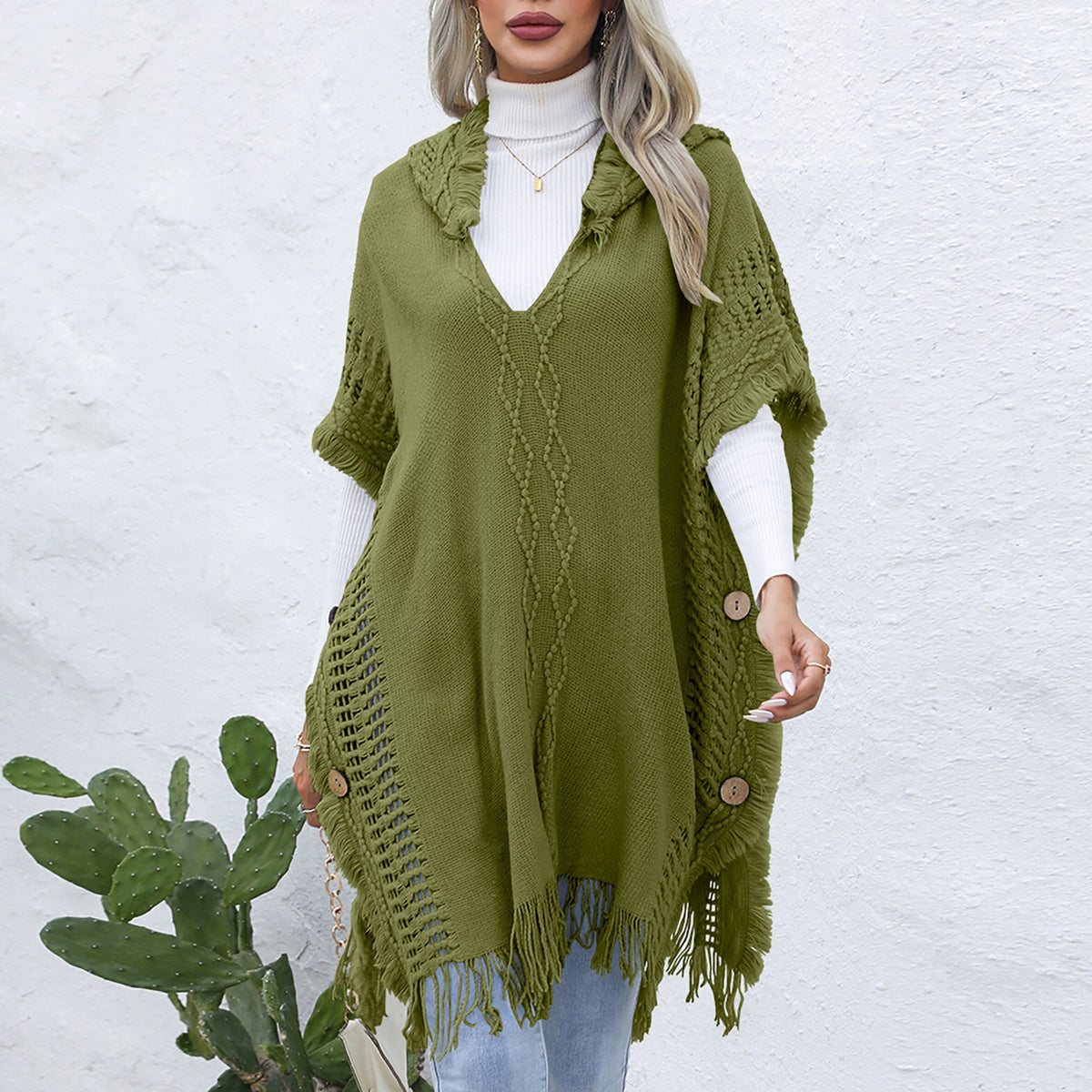 Women's casual loose V-necktie hat pullover medium length sweater vest cape top jacket - Fashionner
