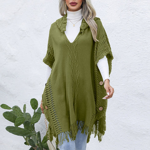 Women's casual loose V-necktie hat pullover medium length sweater vest cape top jacket - Fashionner