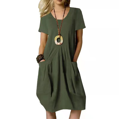 Women's Dress With Pockets Cotton Linen Solid Color Loose Round Neck Short Sleeve Dress Summer - Fashionner