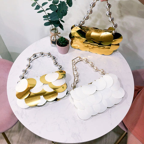 Sac à main de soirée perlé en sequins platine pour femme
